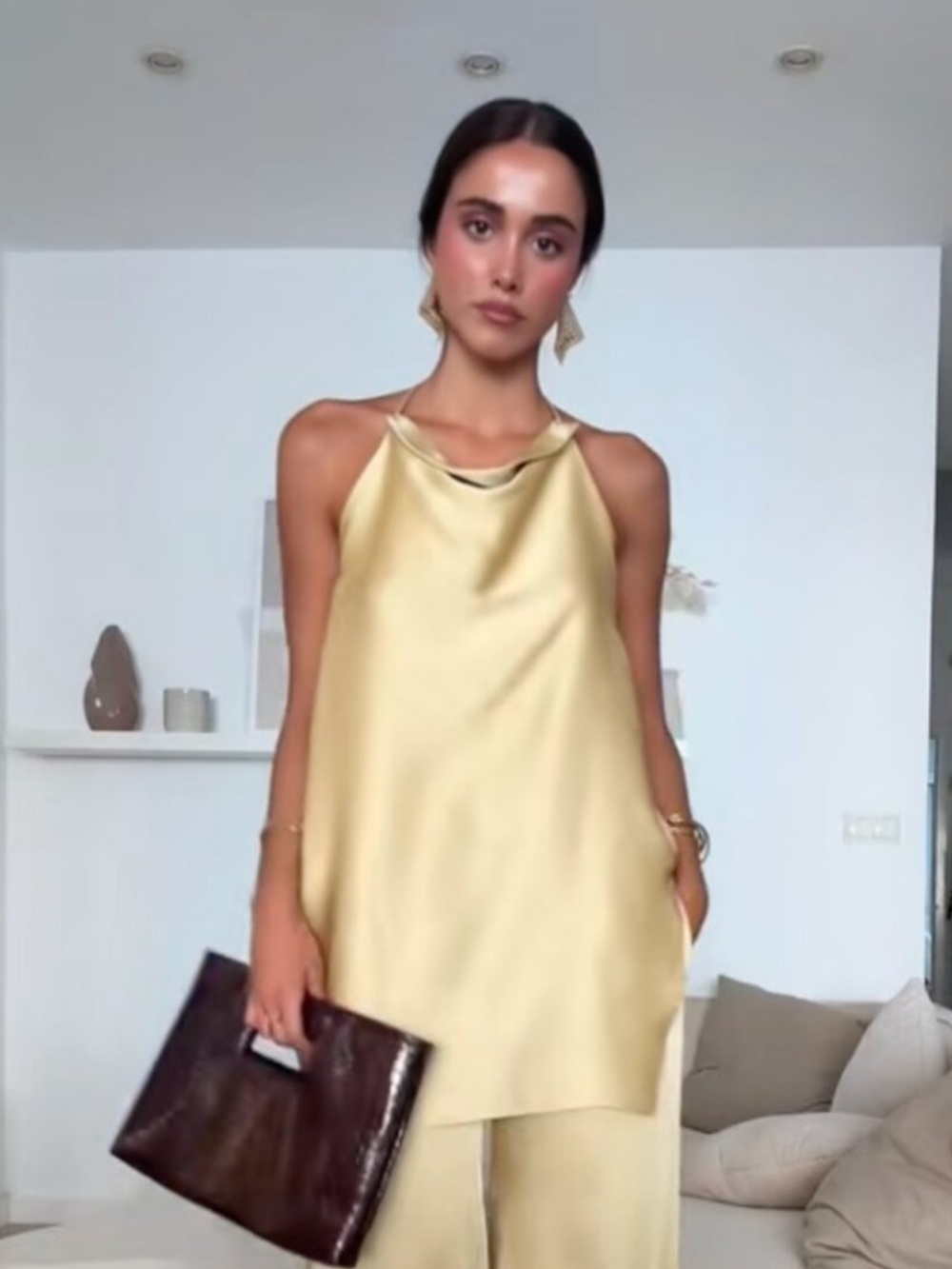 Zara Satin Halter Drape Top Gold Champagne Open Back NWT XS